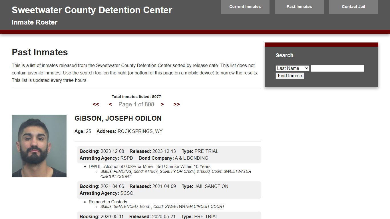 Jail Roster - Sweetwater Combined Communications Joint Powers Board